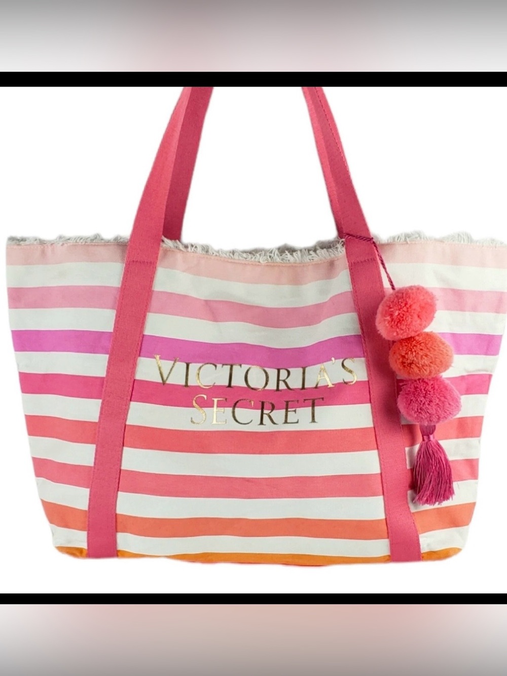 Victoria's Secret New Pink, Coral & White Striped Tote with Pom Pom Charm